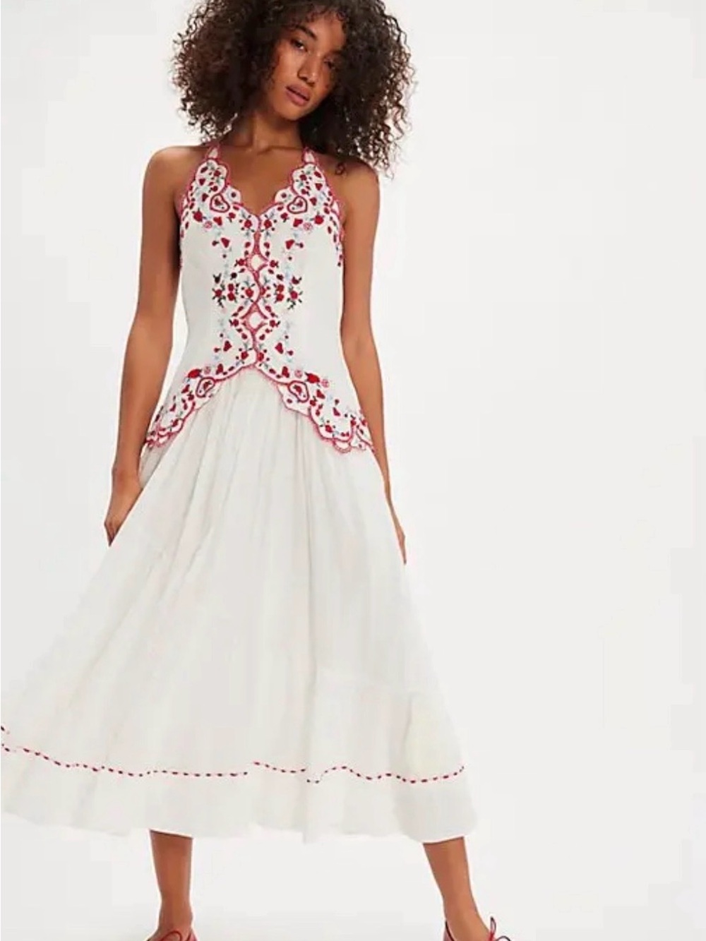 Free People Valenciana midi dress. White Midi Dress with Red Embroidered Bodice